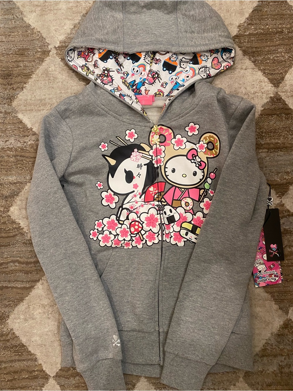 Tokidoki x Hello Kitty NEW Vintage Gray Zip Hoodie with Pink Floral Print, small